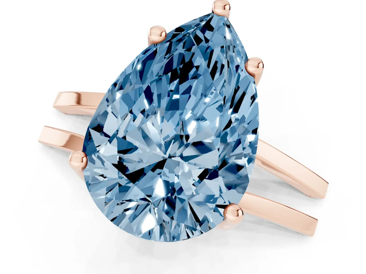 Fancy Blue Pear Cut Cut Diamond Solitaire Engagement Ring with Tapered Plain Band and Four-Prong Setting Rose gold