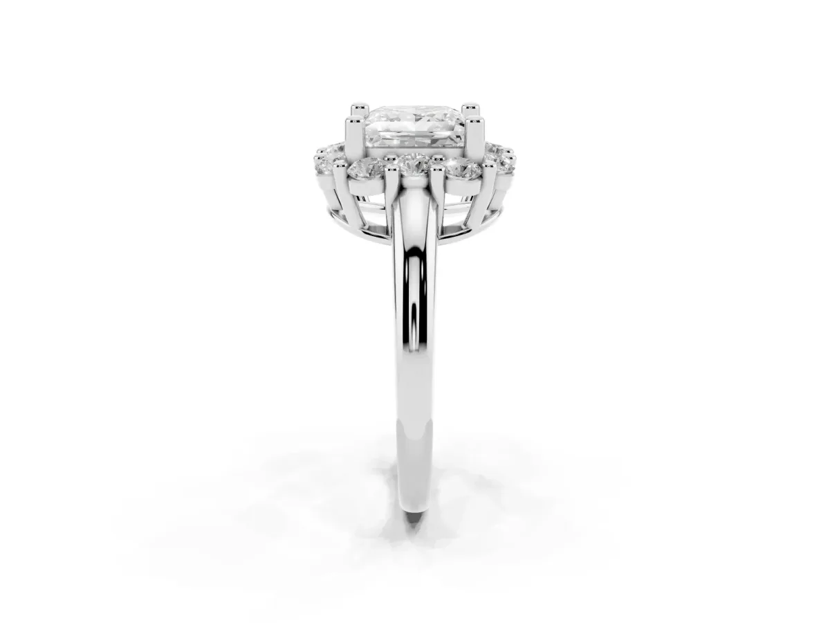 Princess Cut Halo Cluster Diamond Engagement Ring with Prong Setting and Polished Band Silver