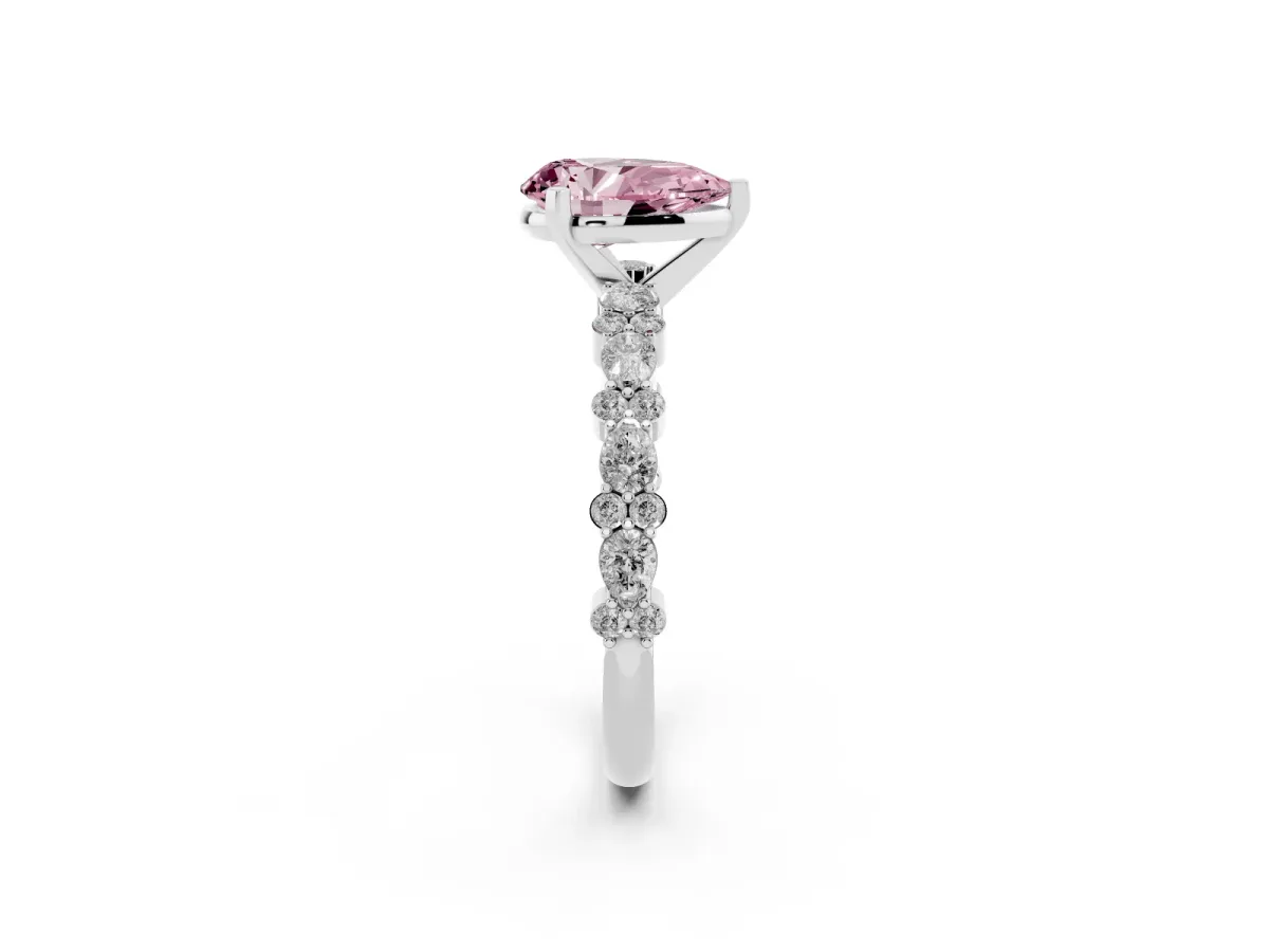 Fancy Pink Pear Cut Diamond Side Stone Solitaire Ring with Round and Four-Prong Setting Silver
