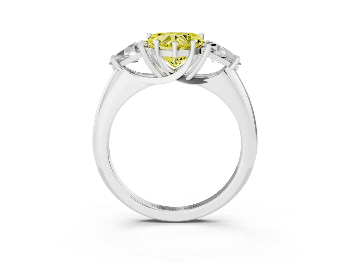 Fancy Yellow Three-Stone Heart Cut Diamond Engagement Ring with Trillion Side Stones and Prong Setting Silver