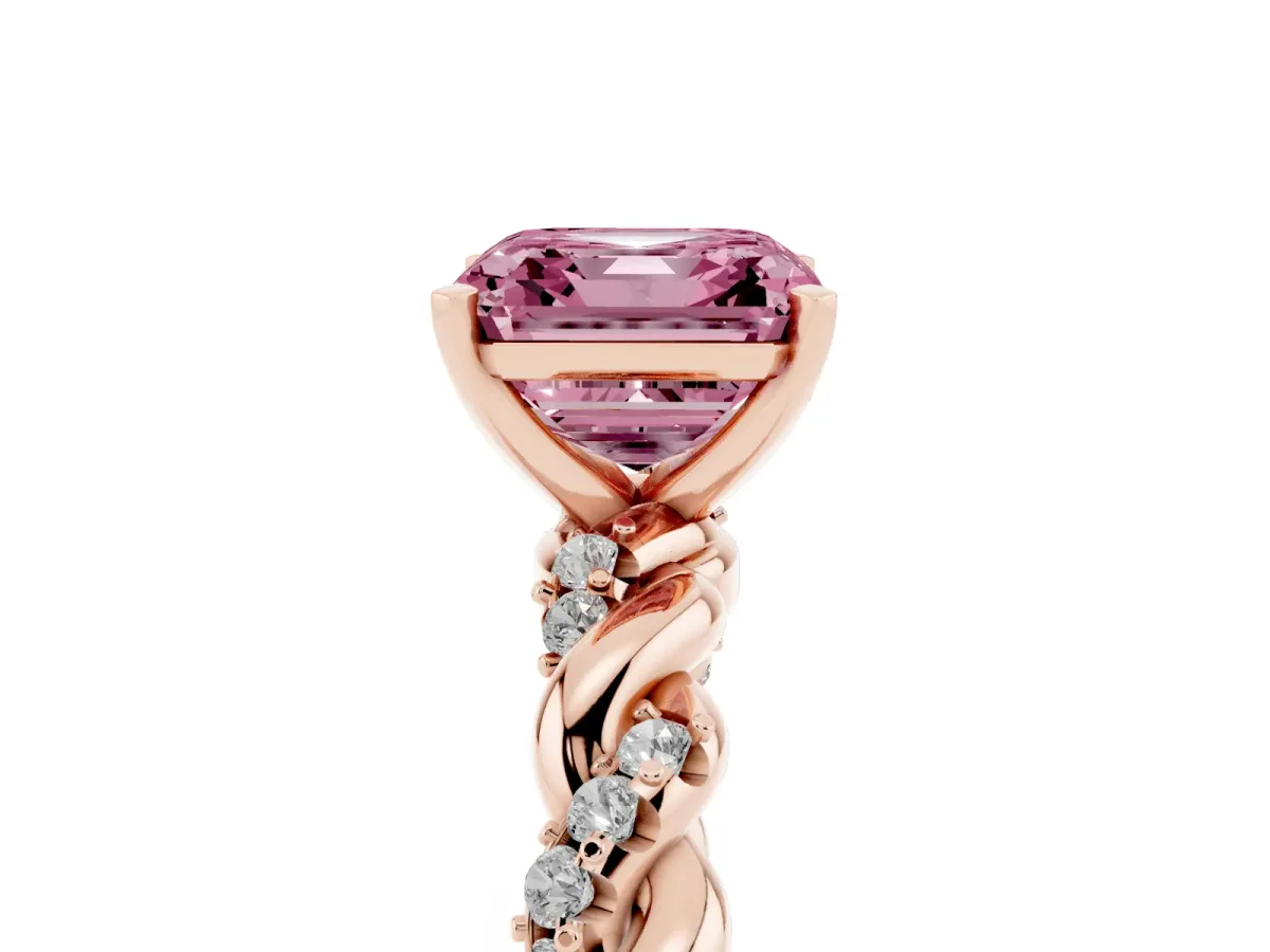 Fancy Pink Asscher Cut Diamond Solitaire Ring with Twisted Band and Pavé Accents Rose gold