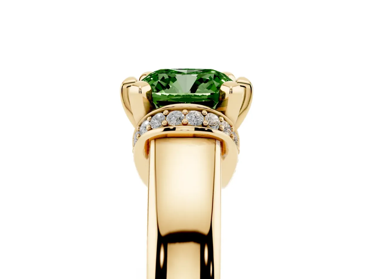 Fancy Green Cushion Cut Solitaire Diamond Ring with Pave Band and Six-Prong Setting Yellow gold