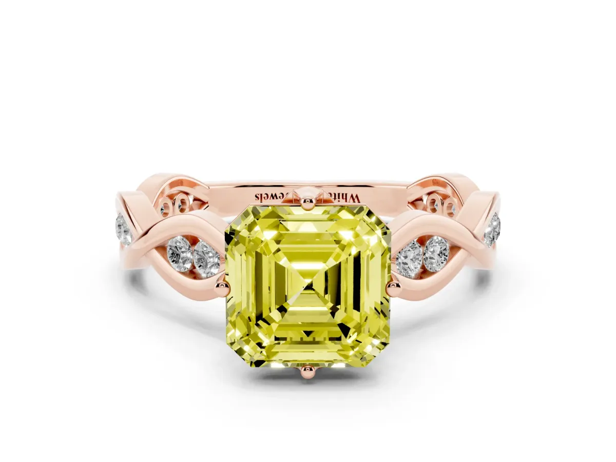 Fancy Yellow Asscher Cut Solitaire Twist Band with Leaf Prong Setting Rose gold