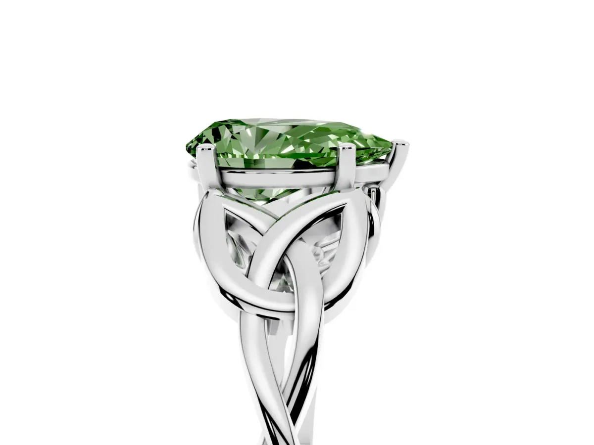 Fancy Green Pear Cut Diamond Solitaire Engagement Ring with Celtic Knot Band and Four-Prong Setting Platinum