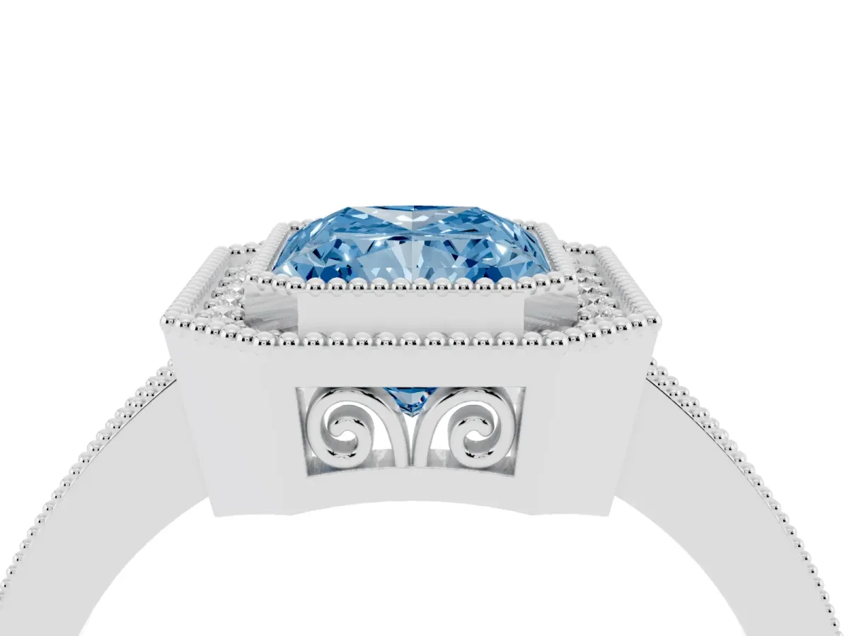 Fancy Blue Radiant Cut Cut Halo Diamond Ring with Pavé Band and Milgrain Prong Setting Platinum