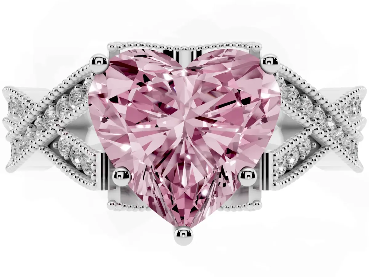 Fancy Pink Heart Cut Cut Diamond Twisted Band with Milgrain Pave Setting and Four-Prong Setting Silver