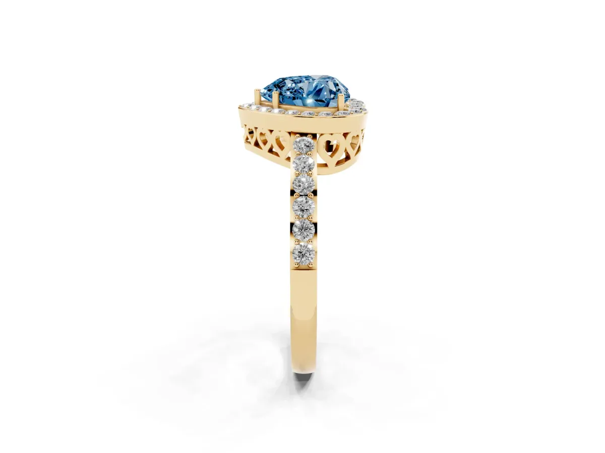 Fancy Blue Heart Cut Halo Diamond Pavé Band Ring with Prong Setting Yellow gold