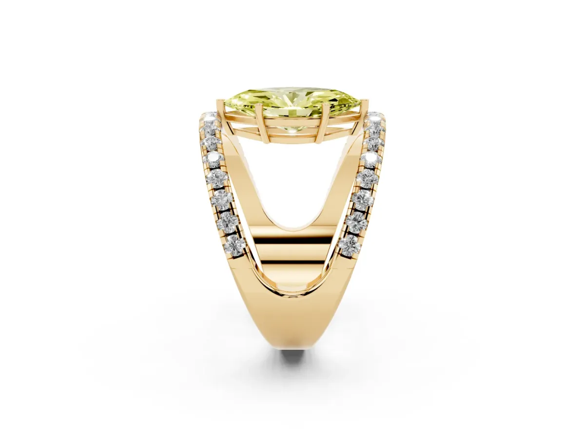 Fancy Yellow Marquise Cut Solitaire Split Shank Pave Diamond Ring Yellow gold