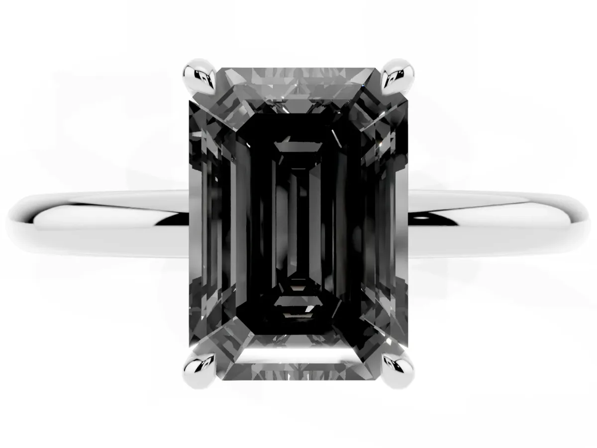 Fancy Black Emerald Cut Diamond Solitaire Ring with Thin Band and Four-Prong Setting Silver