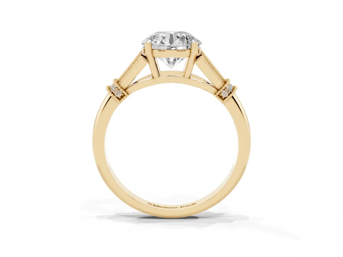 Round Cut Diamond Solitaire Ring with Floral Filigree and Pave Accents Yellow gold