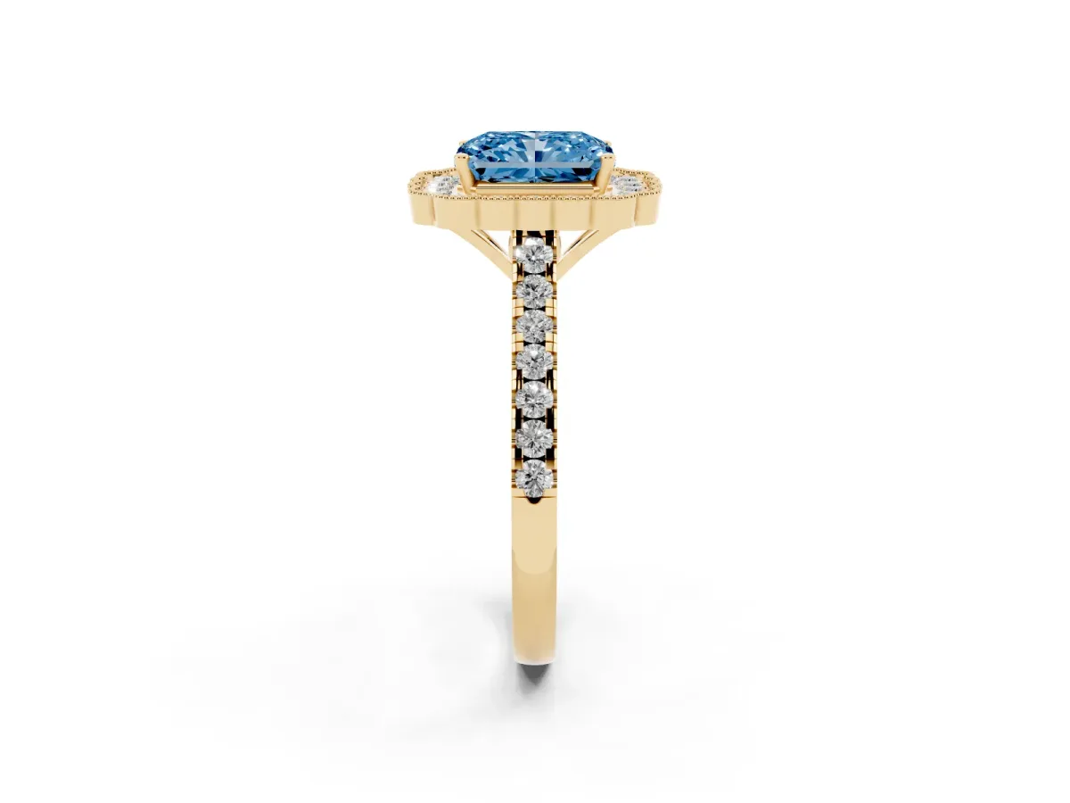 Fancy Blue Radiant Cut Cut Diamond Milgrain Floral Halo Engagement Ring with Pavé Band Yellow gold