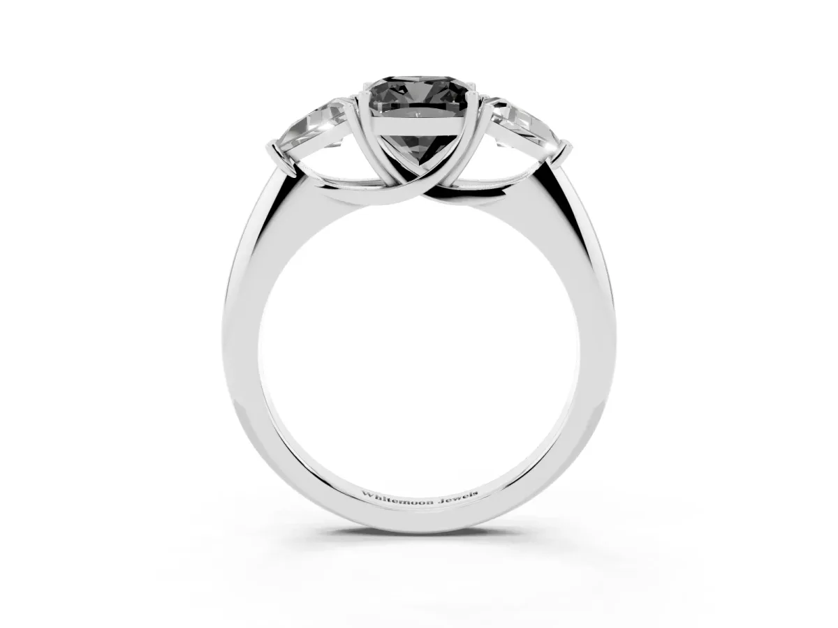 Fancy Black Three-Stone Cushion Cut Diamond Engagement Ring with Trillion Side Stones and Prong Setting Silver