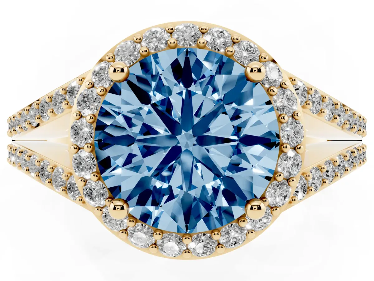 Fancy Blue Round Cut Halo Split Shank Diamond Ring with Prong Setting Yellow gold