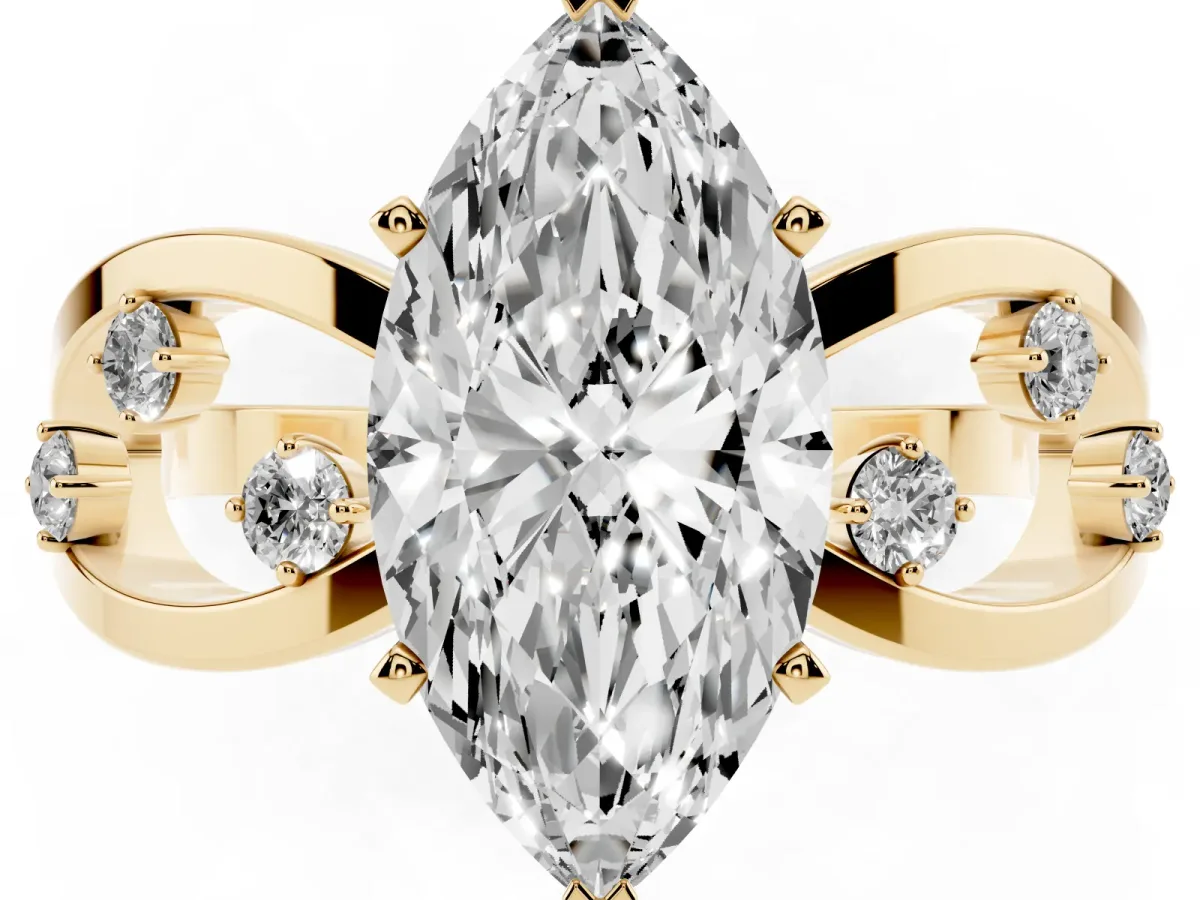 Marquise Cut Cut Solitaire Diamond with Side Stones on Criss-Cross Band and Four-Prong Setting Yellow gold