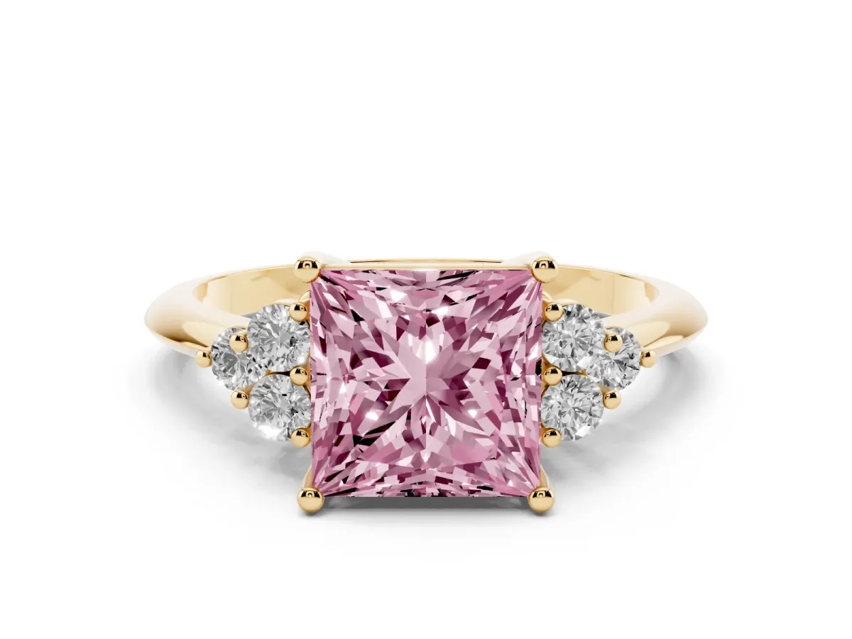 Fancy Pink Princess Cut Cut Diamond Cluster Ring with Solitaire Band and Four-Prong Setting Yellow gold