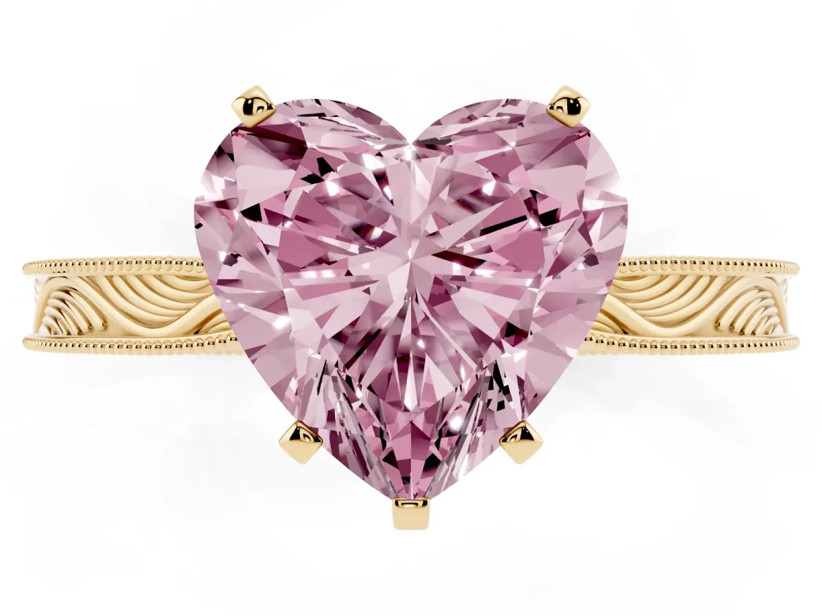Fancy Pink Heart Cut Solitaire Milgrain Engraved Band with Four-Prong Setting Yellow gold