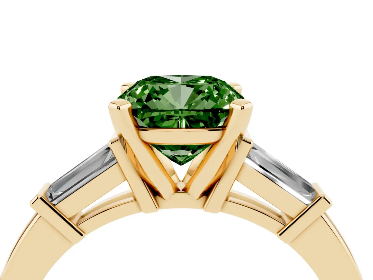 Fancy Green Cushion Cut Cut Diamond Solitaire Ring with Tapered Baguette Accents and Four-Prong Setting Yellow gold