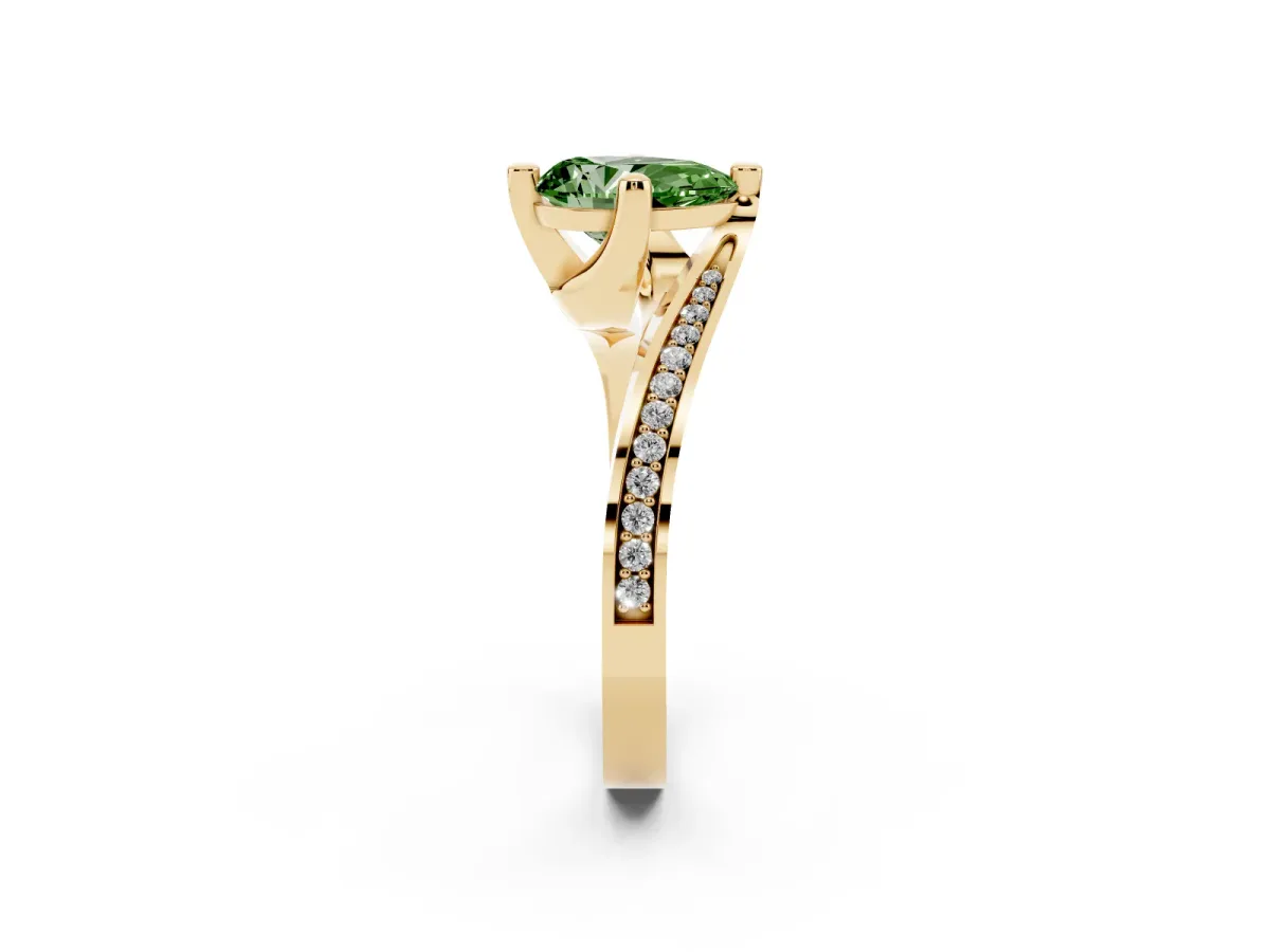 Fancy Green Pear Cut Solitaire Diamond Twist Band with Pavé Setting and Four-Prong Setting Yellow gold