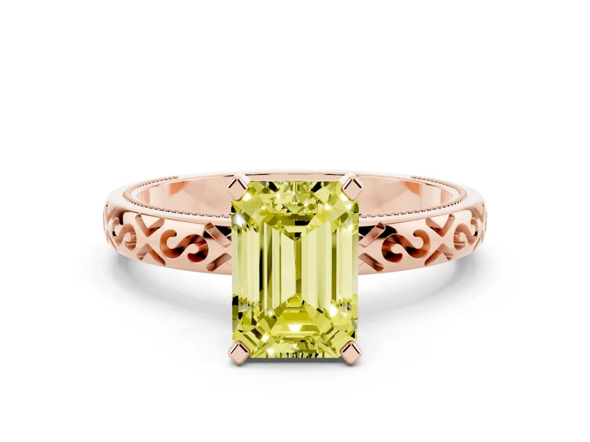 Fancy Yellow Emerald Cut Solitaire Engagement Ring with Scrollwork Band and Four-Prong Setting Rose gold
