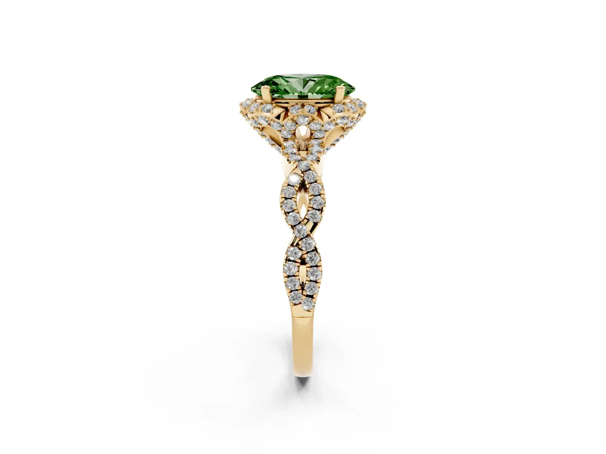 Fancy Green Oval Cut Halo Twist Band Solitaire Ring with Six-Prong Setting Yellow gold