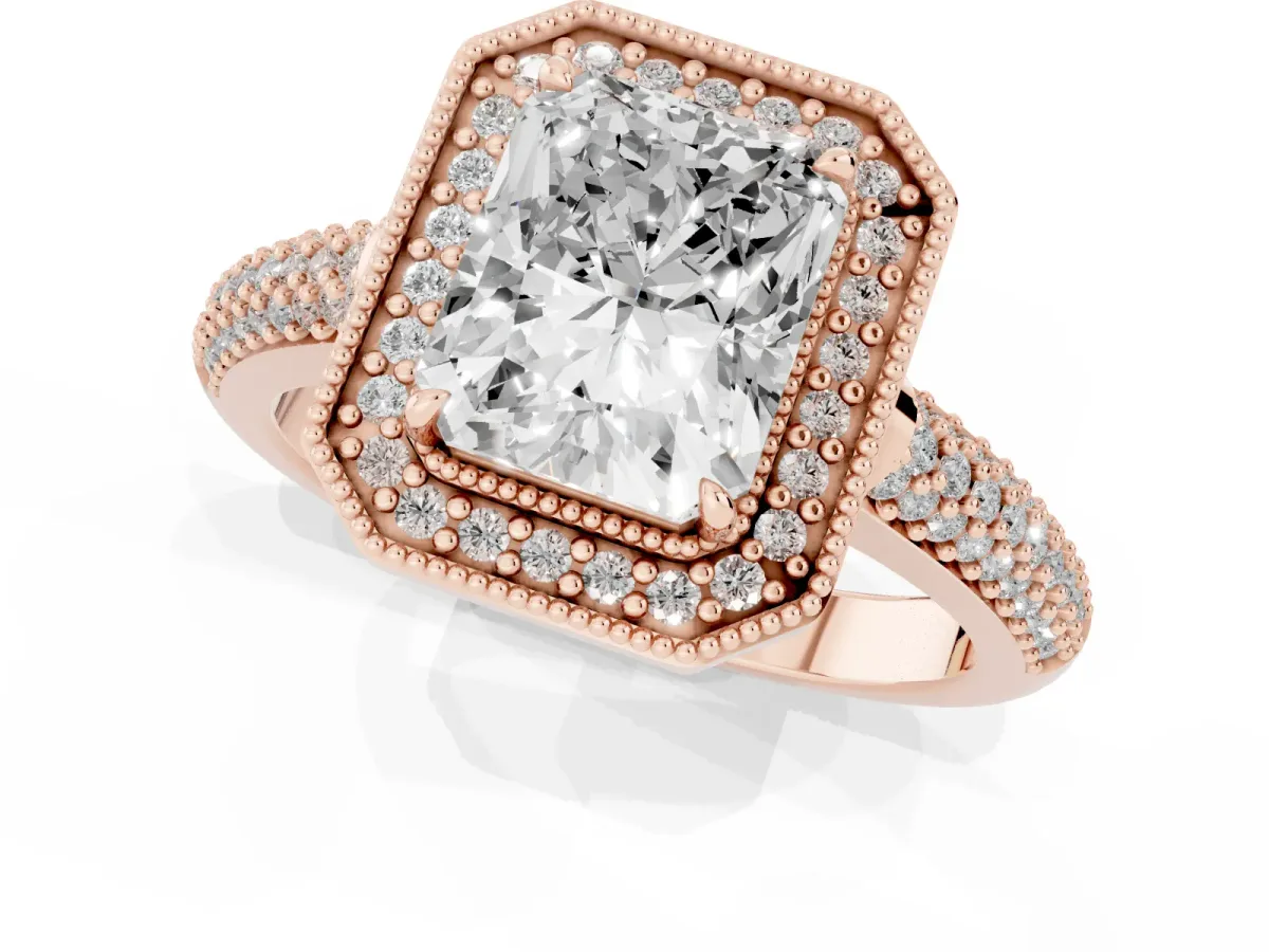 Radiant Cut Cut Halo Diamond Pave Band with Four-Prong Setting Rose gold