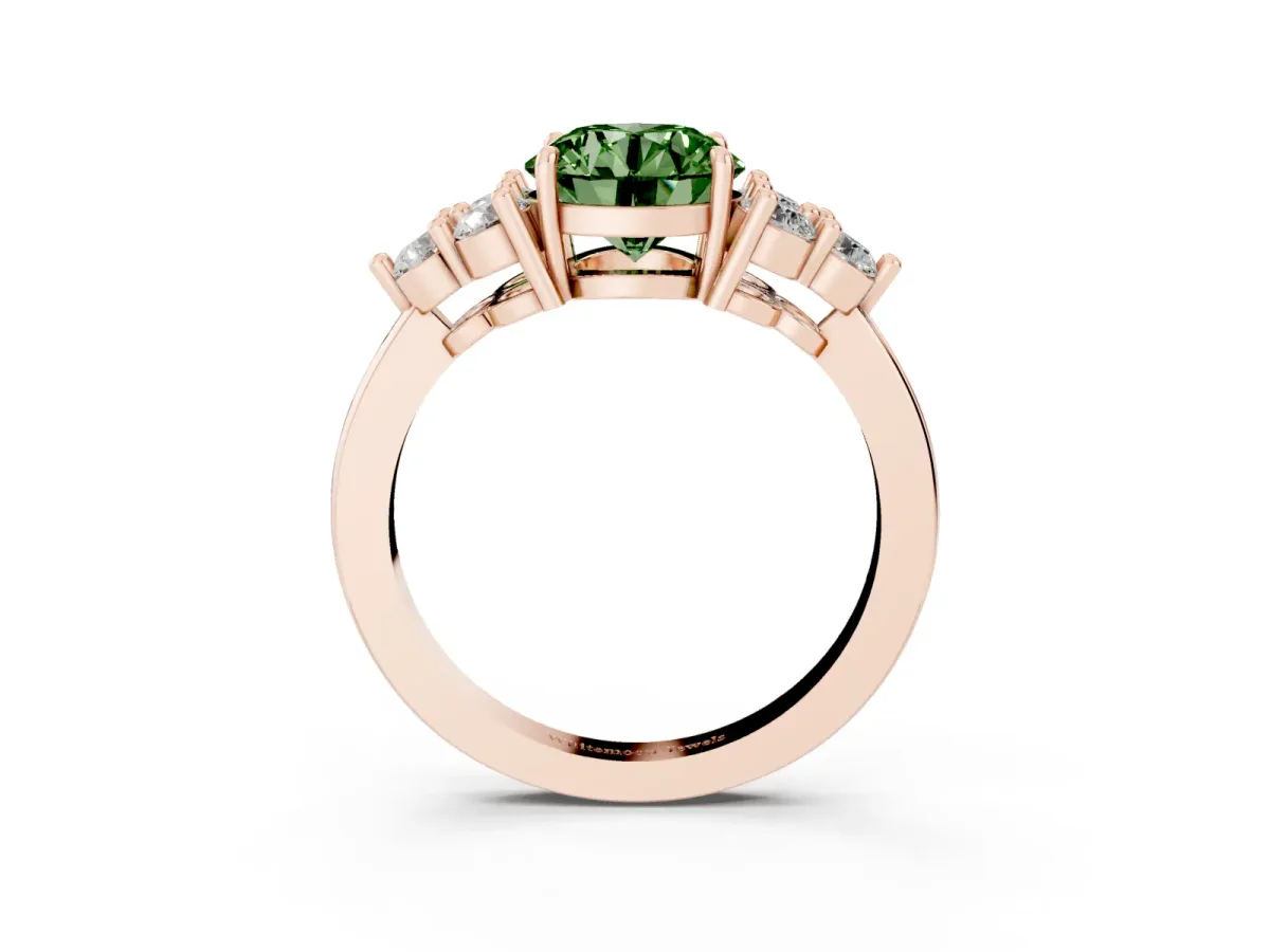 Fancy Green Round Cut Brilliant Diamond Cluster Accent Solitaire Ring with Prong Setting Rose gold