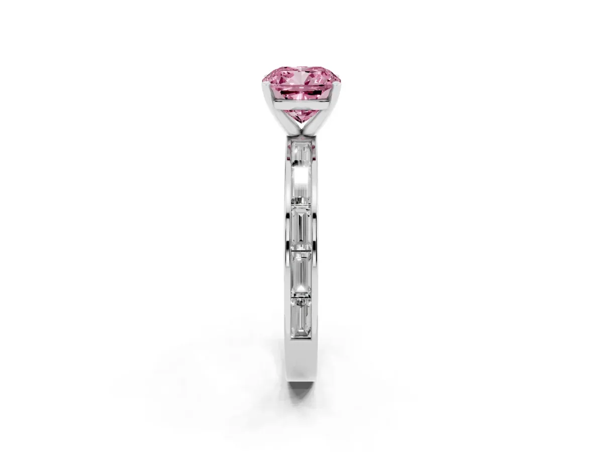 Fancy Pink Cushion Cut Solitaire Diamond Ring with Channel-Set Baguette Band and Four-Prong Setting White gold