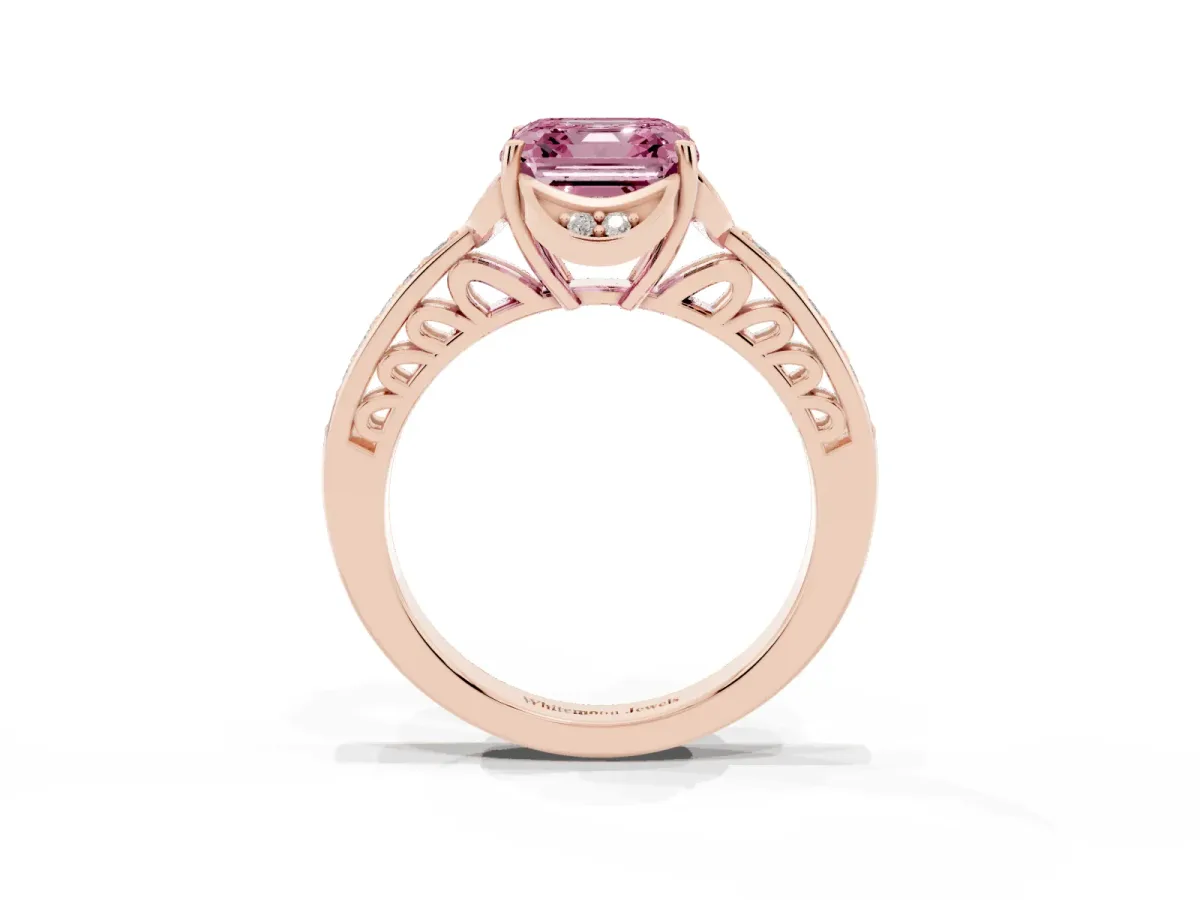 Fancy Pink Asscher Cut Cut Halo Diamond Ring with Channel Set Band and Four-Prong Setting Rose gold