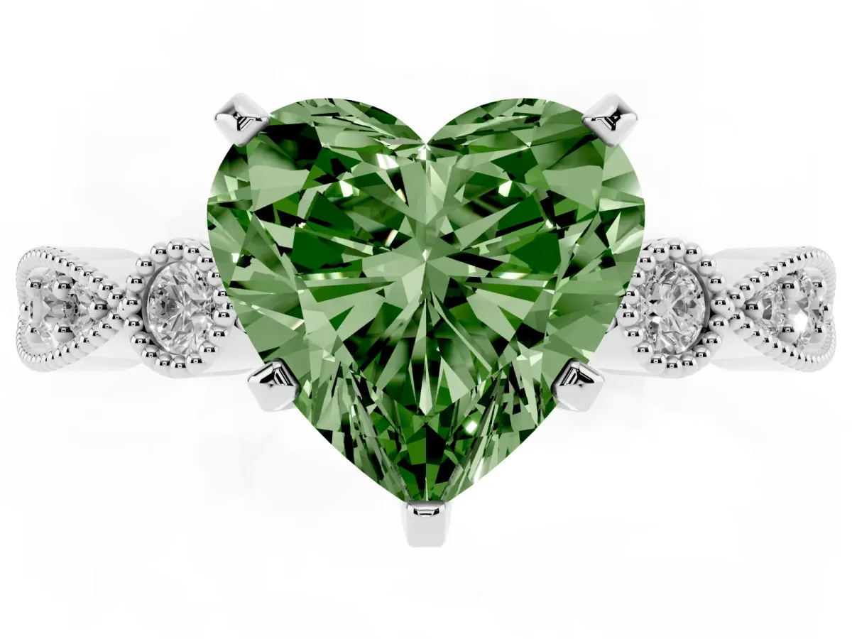 Fancy Green Heart Cut Milgrain Bezel Diamond Engagement Ring with Solitaire Prong Setting Silver