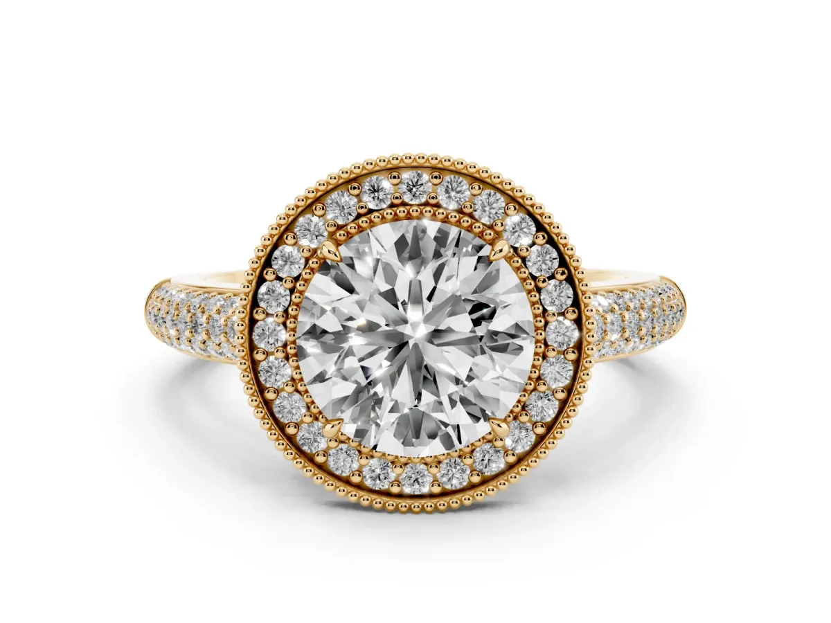 Round Cut Cut Halo Diamond Pave Band with Four-Prong Setting Yellow gold