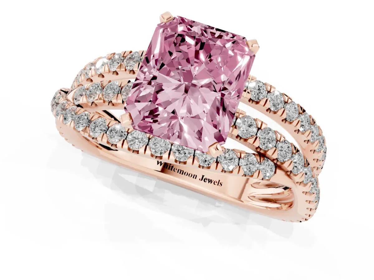 Fancy Pink Radiant Cut Solitaire Twist Band with Pavé Setting and Four-Prong Setting Rose gold