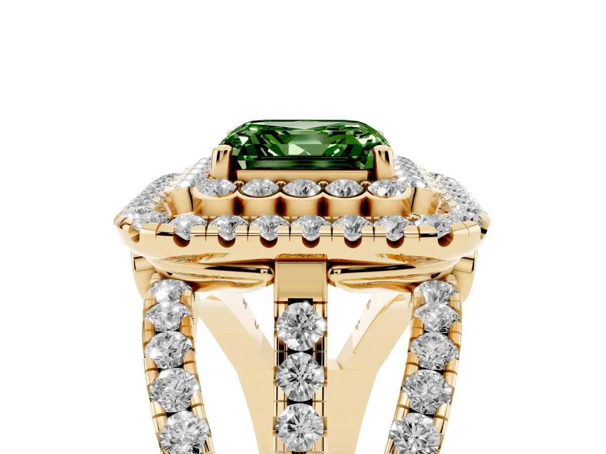 Fancy Green Asscher Cut Diamond Double Halo Ring with Round Pavé Split Shank and Prong Setting Yellow gold