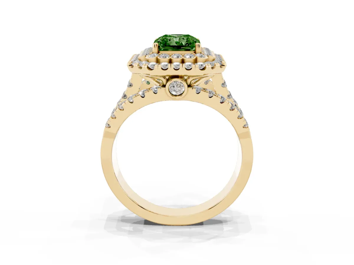 Fancy Green Radiant Cut Diamond Double Halo Ring with Round Pavé Split Shank and Prong Setting Yellow gold