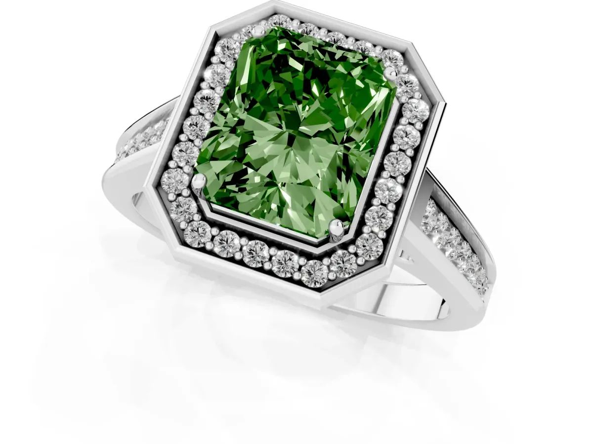 Fancy Green Emerald Cut Halo Solitaire Diamond Ring with Pave Band and Bezel Setting Silver