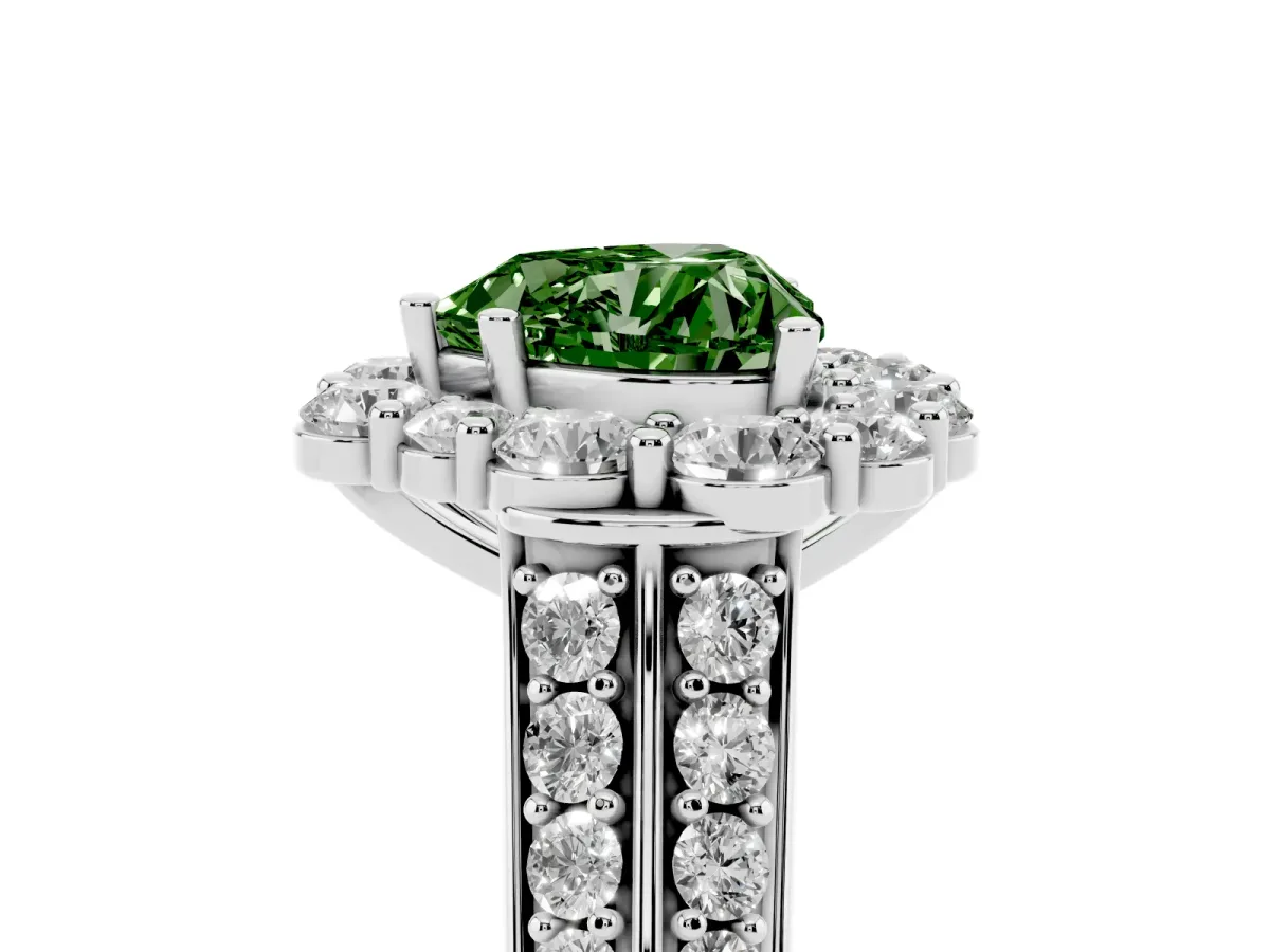 Fancy Green Heart Cut Halo Diamond Engagement Ring with Split Shank and Prong Setting White gold