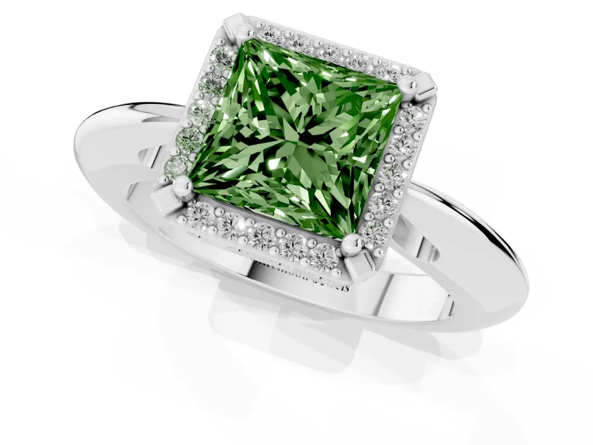 Fancy Green Princess Cut Cut Diamond Halo Engagement Ring with Split Shank and Four-Prong Setting Silver