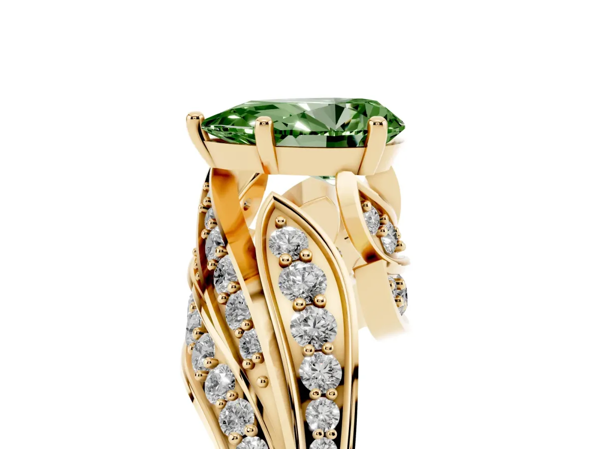 Fancy Green Pear Cut Diamond Solitaire Ring with Prong Setting and Twisted Pavé Band Yellow gold