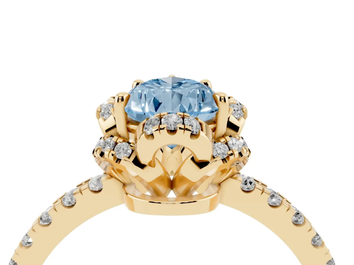 Fancy Blue Pear Cut Diamond Halo Pave Band with Four-Prong Setting Yellow gold