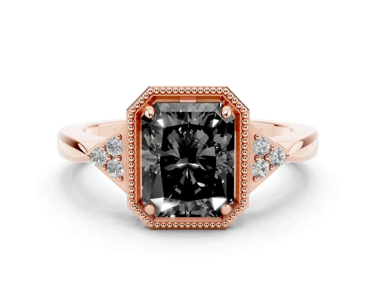 Fancy Black Hexagonal Halo Radiant Cut Diamond Solitaire with Pavé Band and Four-Prong Setting Rose gold