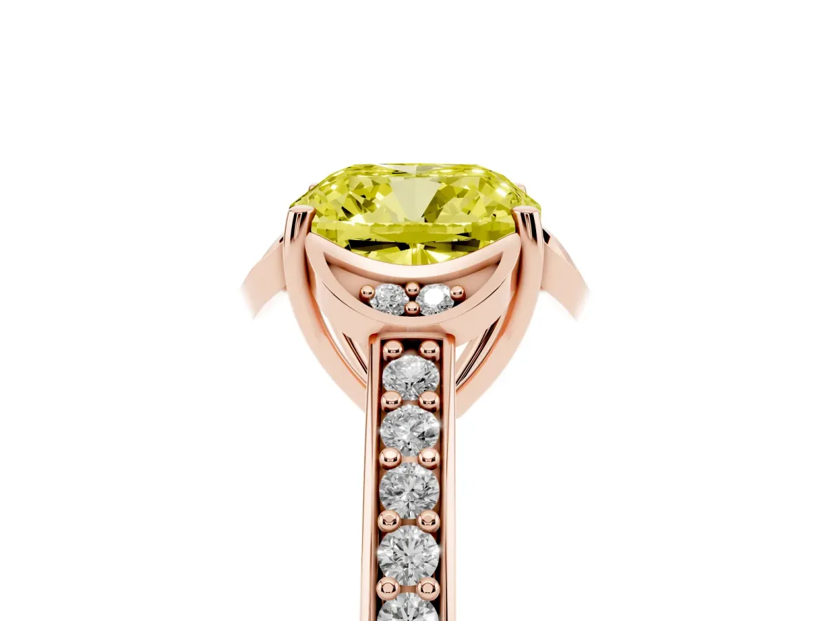 Fancy Yellow Cushion Cut Cut Halo Diamond Ring with Channel Set Band and Four-Prong Setting Rose gold
