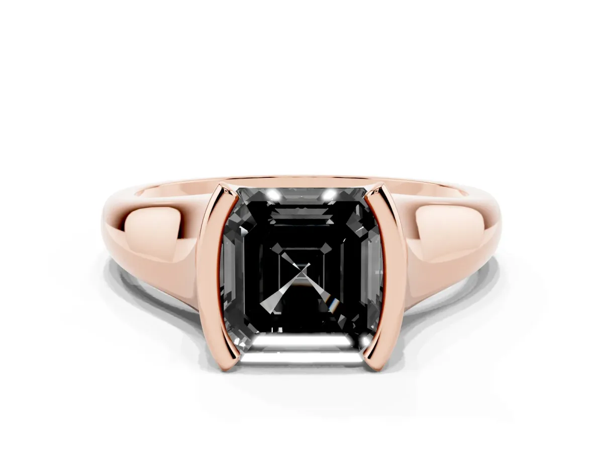 Fancy Black Asscher Cut Solitaire Tension Set Diamond Ring with Split Shank Band Rose gold