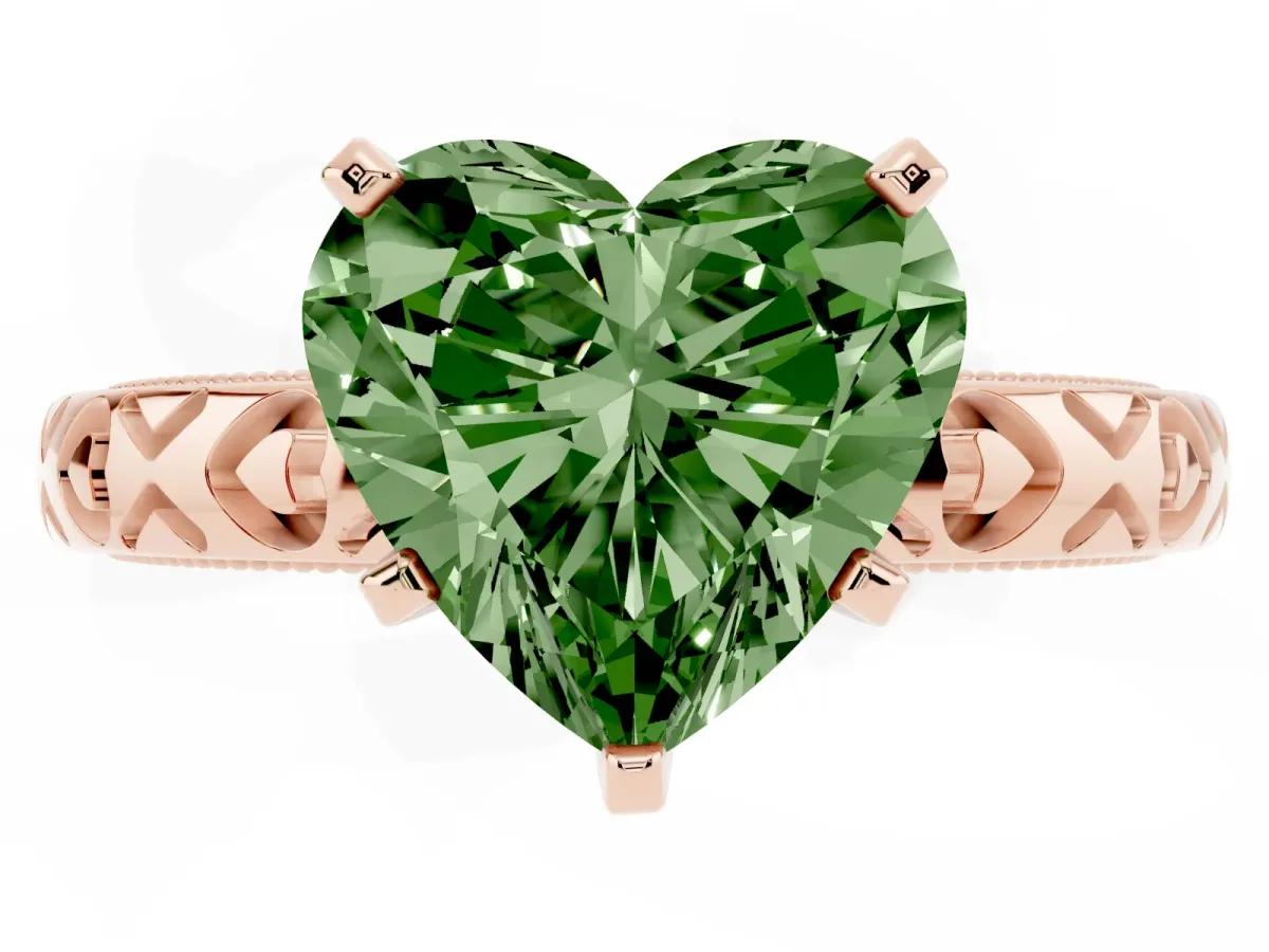 Fancy Green Heart Cut Solitaire Diamond Engagement Ring with XO Engraved Band and Four-Prong Setting Rose gold