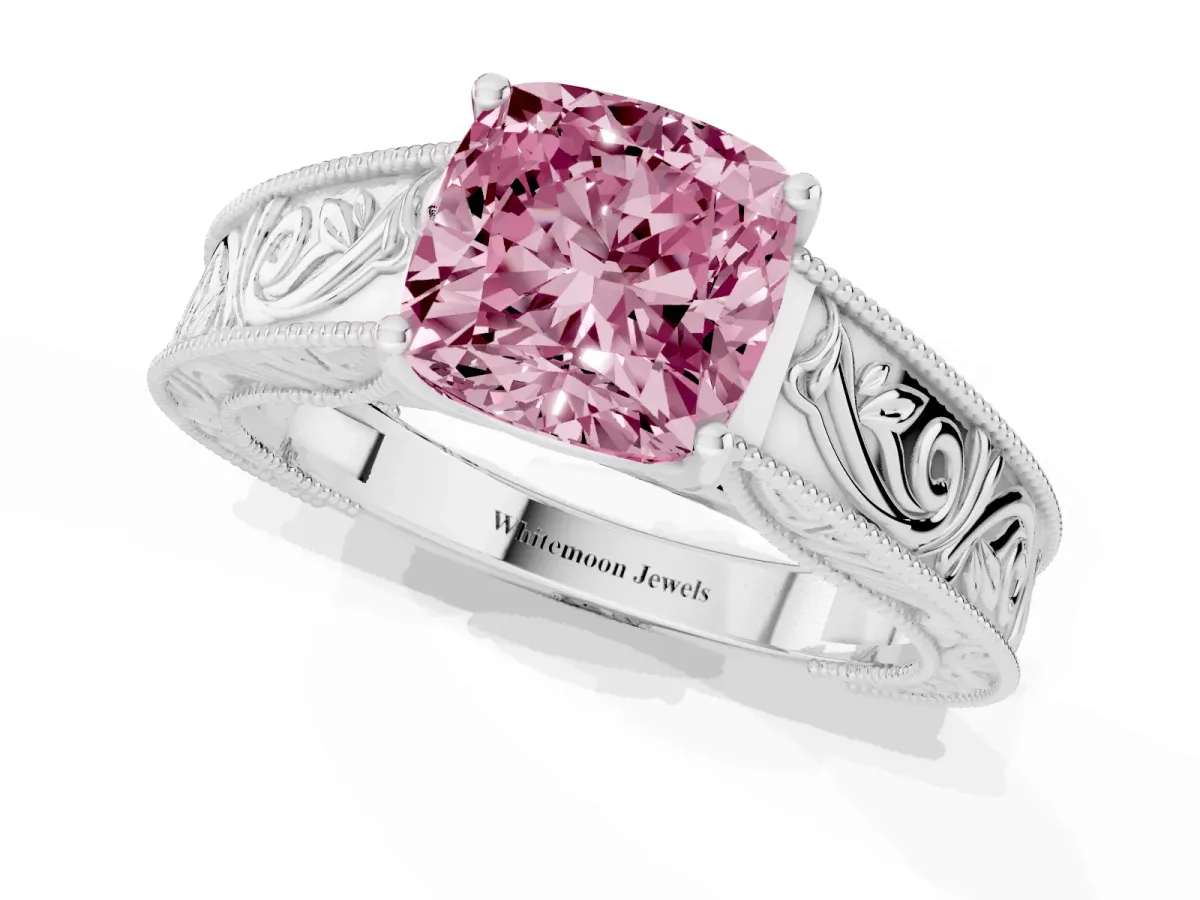 Fancy Pink Cushion Cut Diamond Solitaire Ring with Engraved Band and Four-Prong Setting Silver