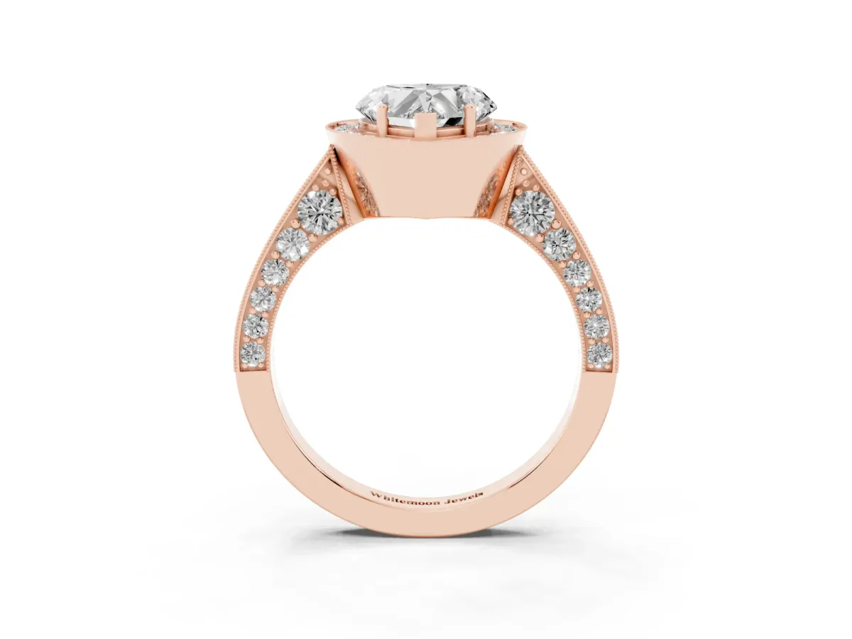 Heart Cut Halo Diamond Engagement Ring with Split Shank Band and Four-Prong Setting Rose gold