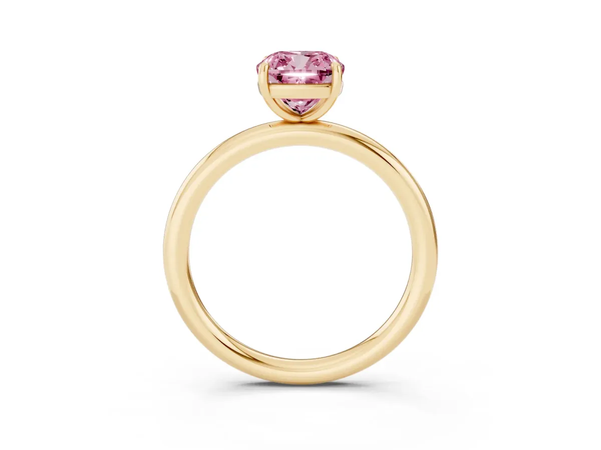 Fancy Pink Cushion Cut Solitaire Diamond Ring with Four-Prong Setting on a Plain Band Yellow gold