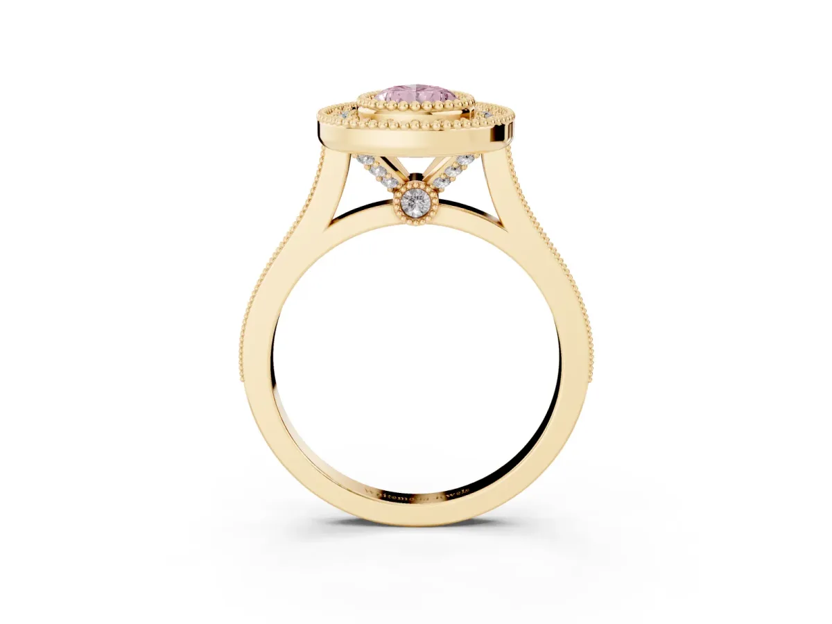 Fancy Pink Pear Cut Diamond Halo Ring with Milgrain Frame and Pavé Band Yellow gold