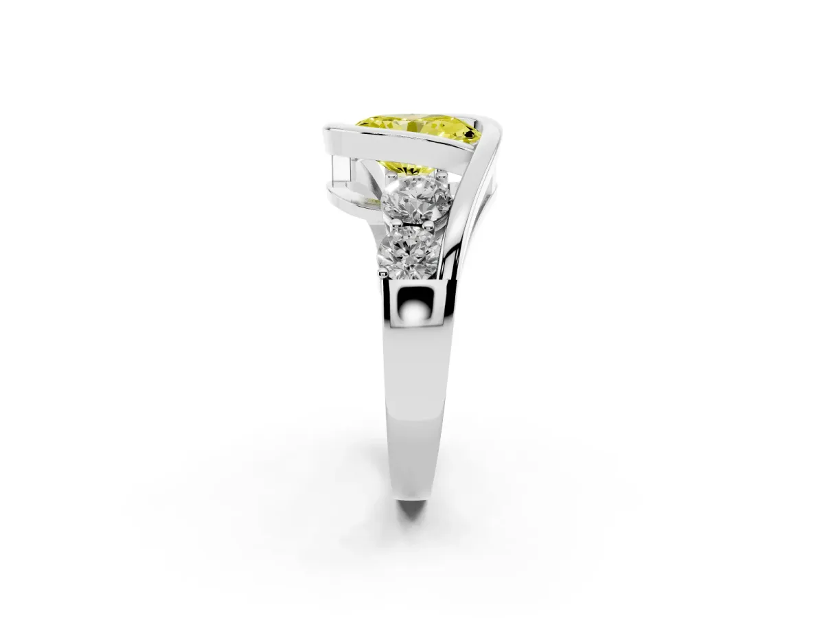 Fancy Yellow Bezel Set Oval Cut Diamond Bypass Ring with Round Accents Platinum