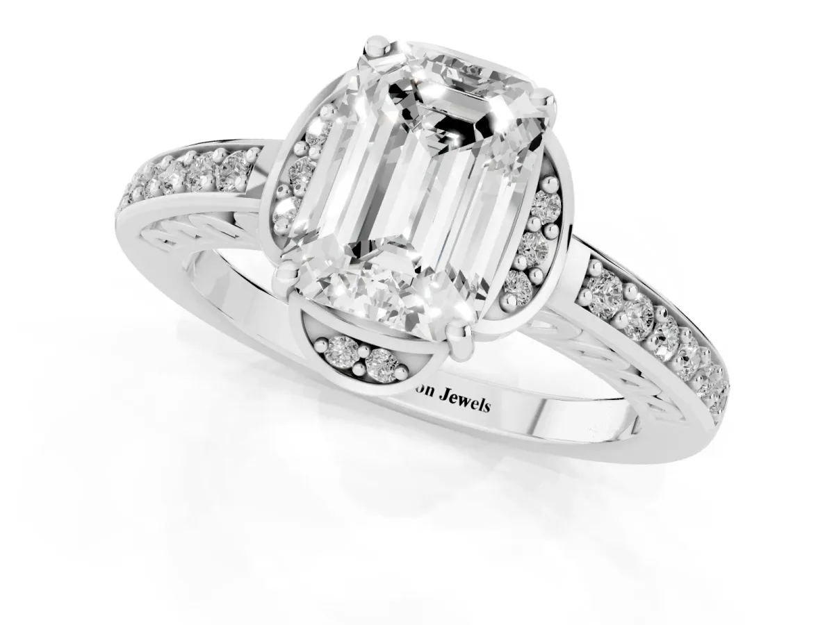 Emerald Cut Cut Halo Diamond Ring with Channel Set Band and Four-Prong Setting Silver