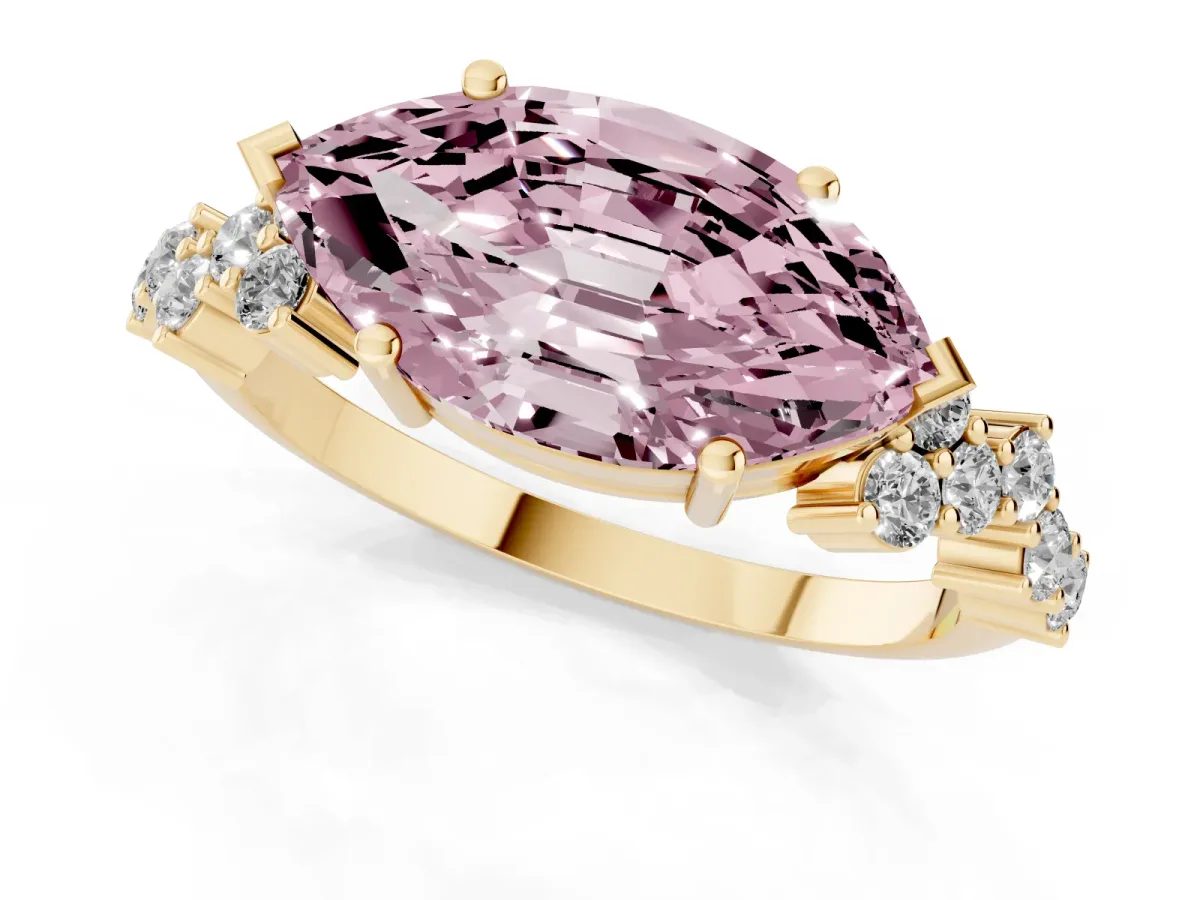 Fancy Pink Marquise Cut Diamond Scattered Round Accent Ring with Prong Setting Yellow gold