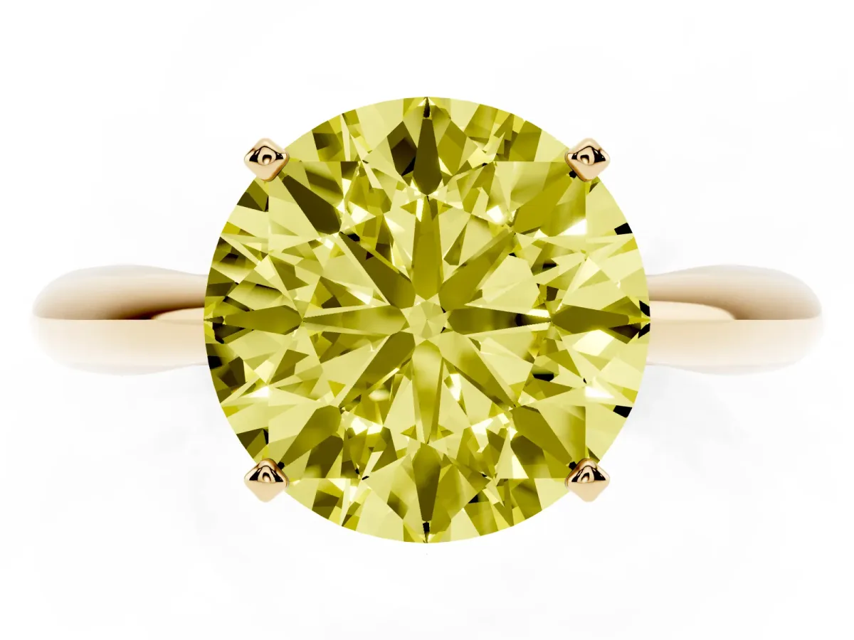 Fancy Yellow Round Cut Diamond Solitaire Engagement Ring with Cathedral Setting and Four-Prong Mount Yellow gold